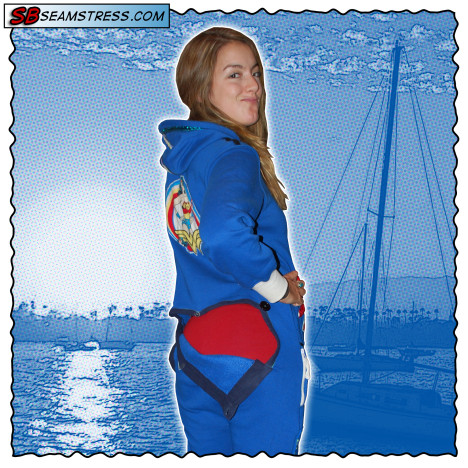Elizabeth Davidson models a customized blue onesie