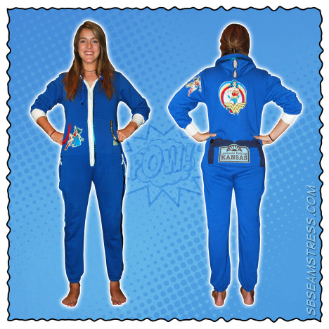 Elizabeth Davidson models a customized blue onesie.
